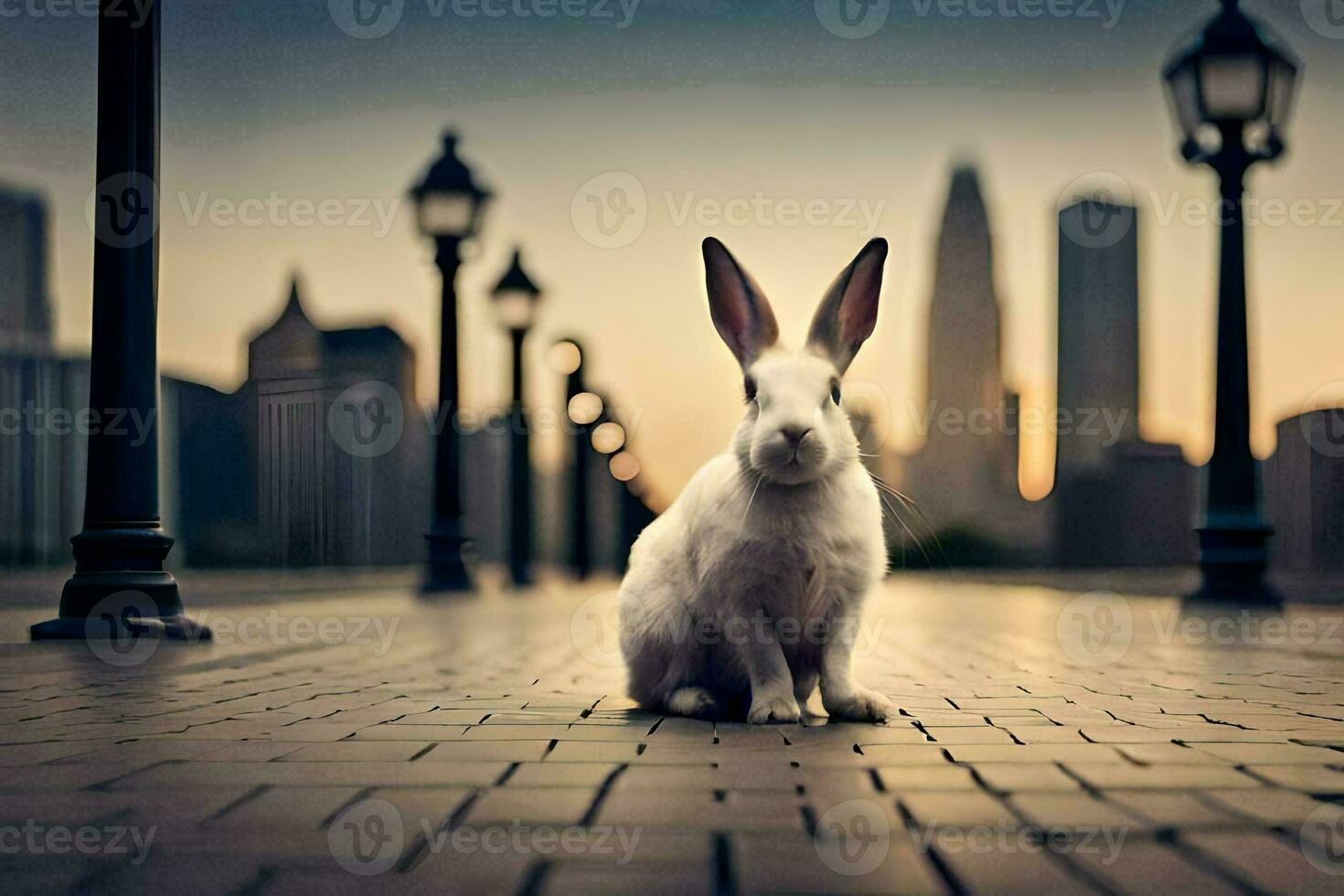 a rabbit is sitting on a brick walkway in front of a city. AI-Generated photo