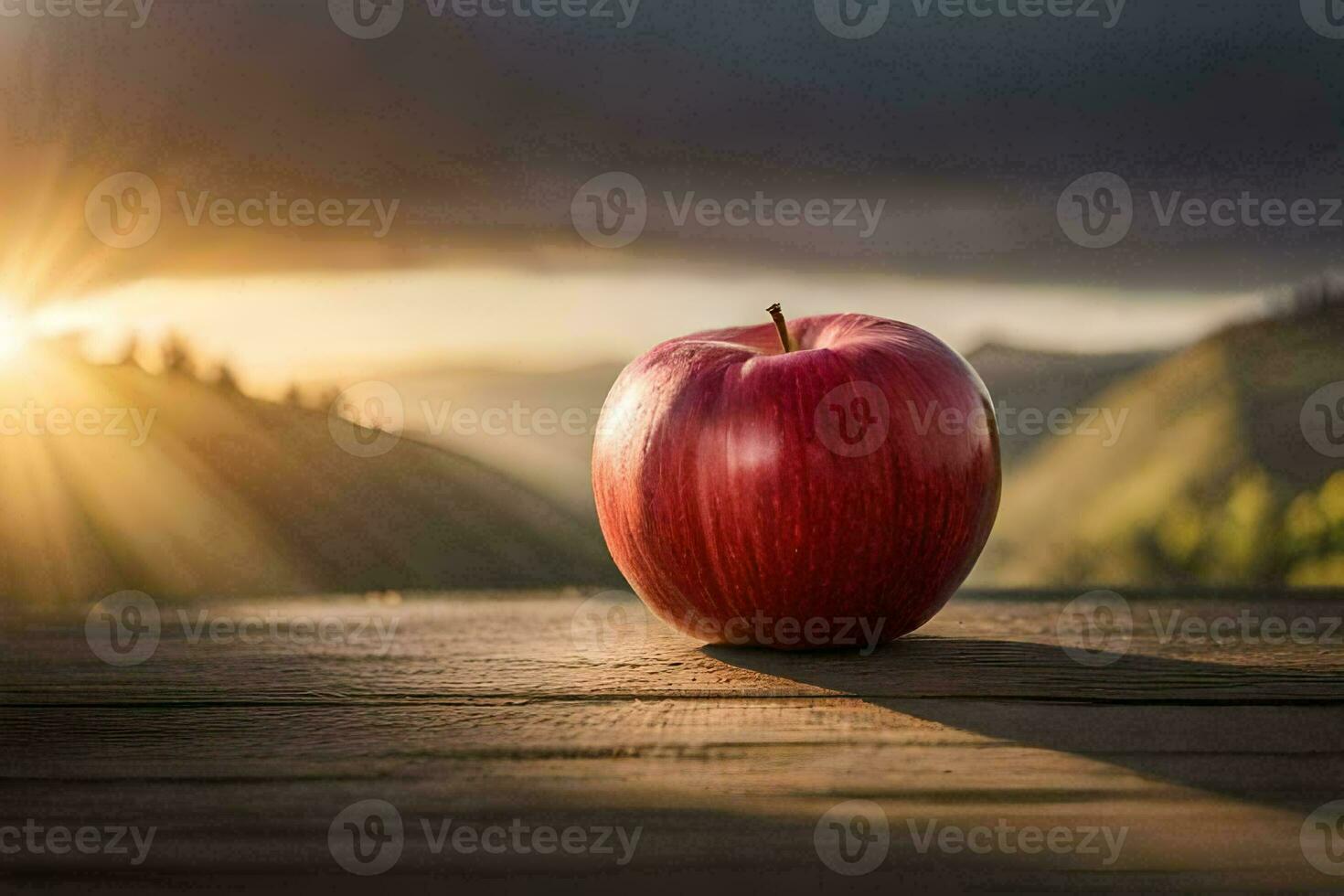 an apple sits on a wooden table in front of a sunset. AI-Generated photo