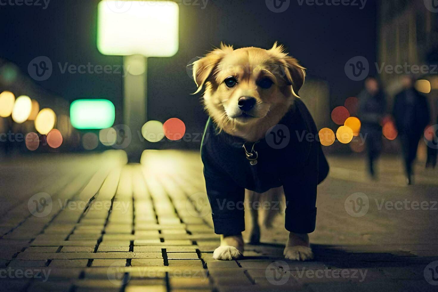 a dog wearing a jacket on a street at night. AI-Generated photo