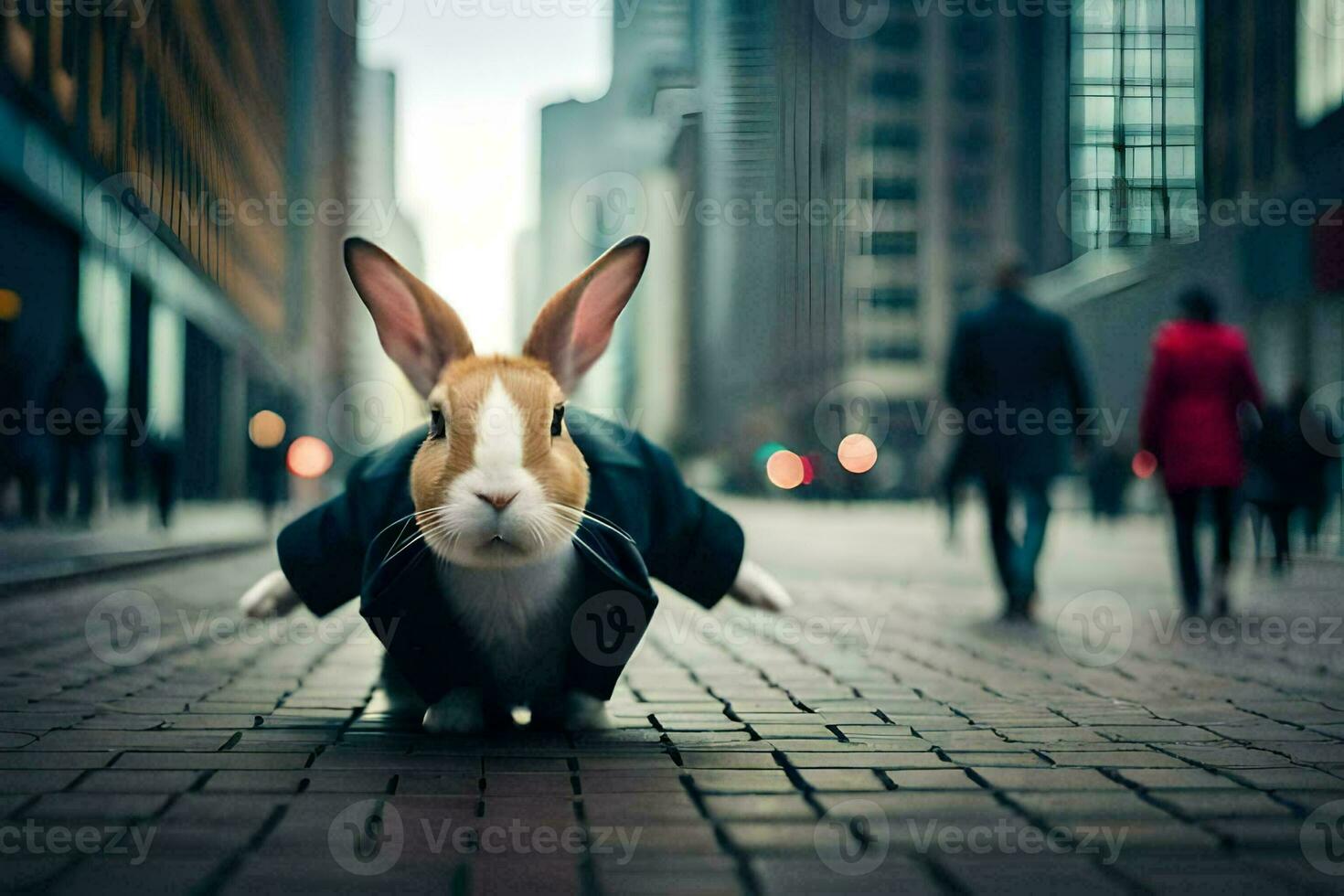 a rabbit wearing a suit and tie on the street. AI-Generated photo