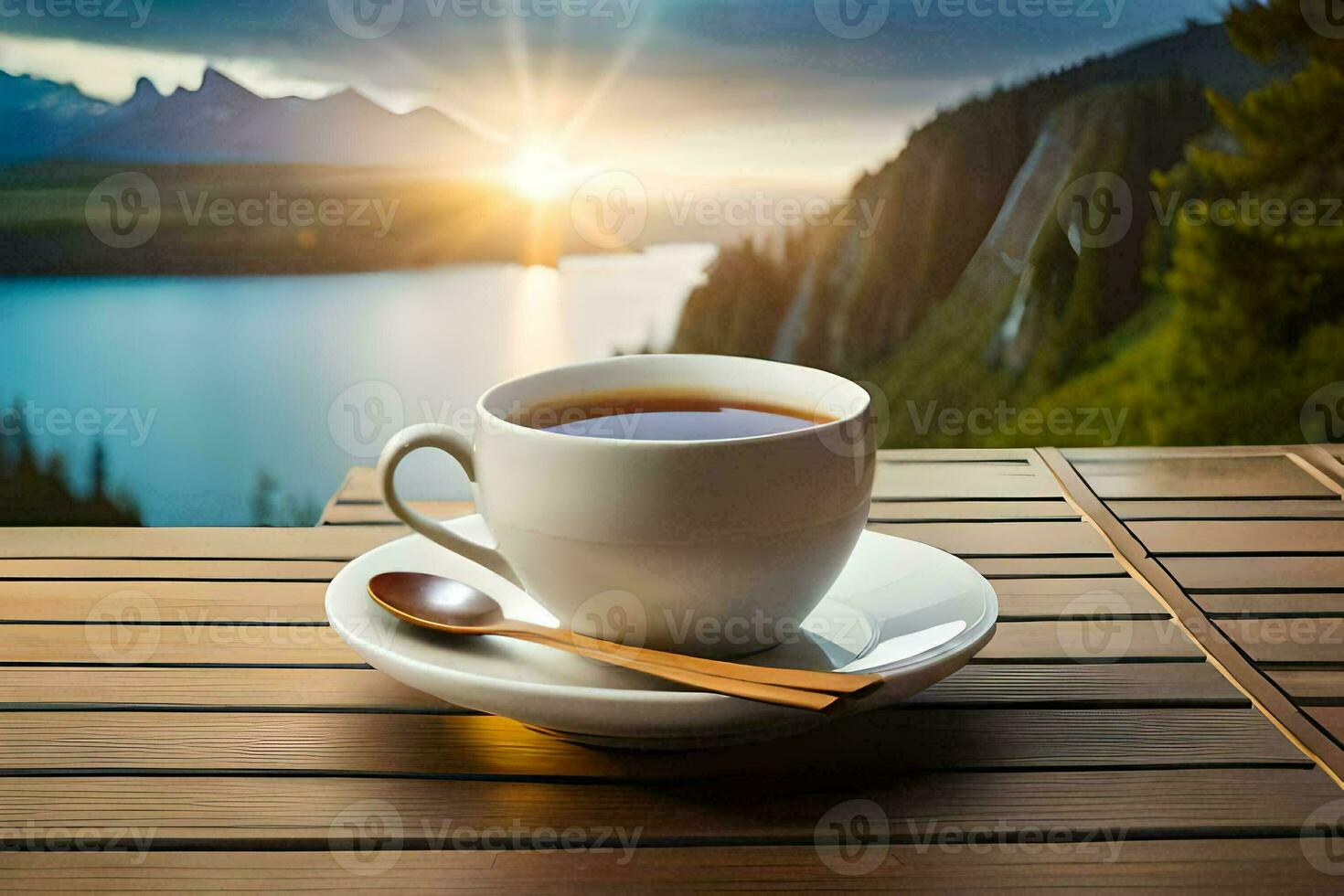 a cup of coffee on a wooden table with a view of a lake and mountains. AI-Generated photo