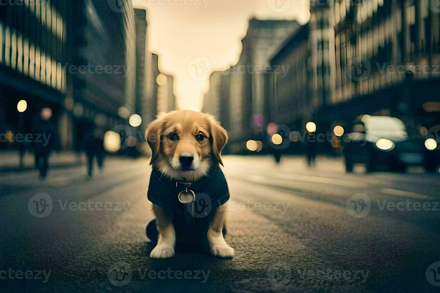 un perro vistiendo un chaqueta se sienta en el calle. generado por ai foto