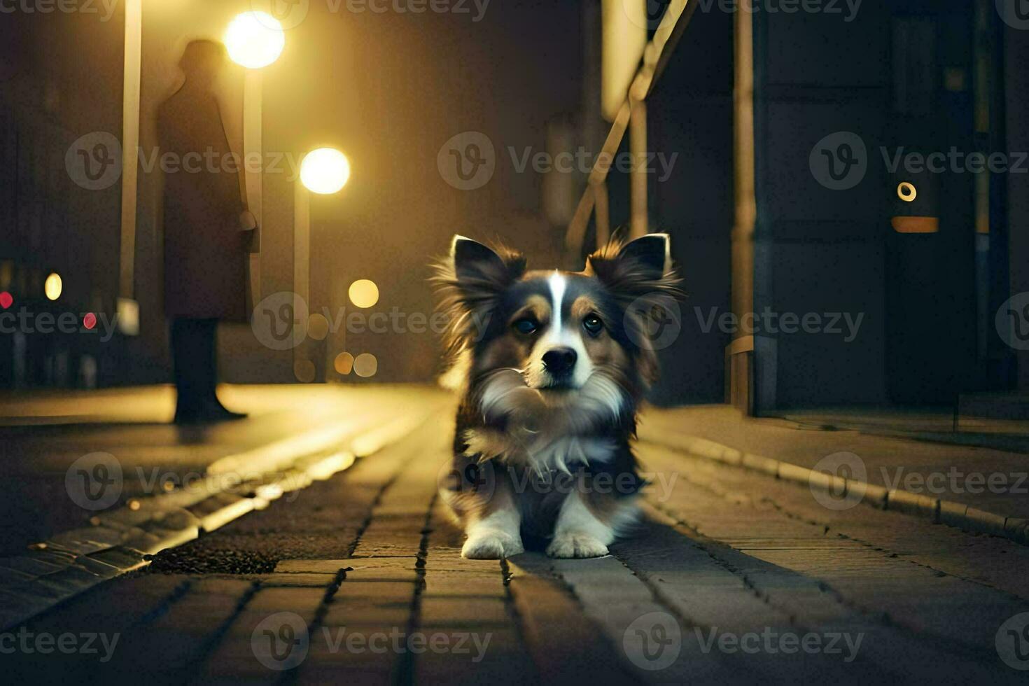 a dog sitting on the sidewalk at night. AI-Generated photo