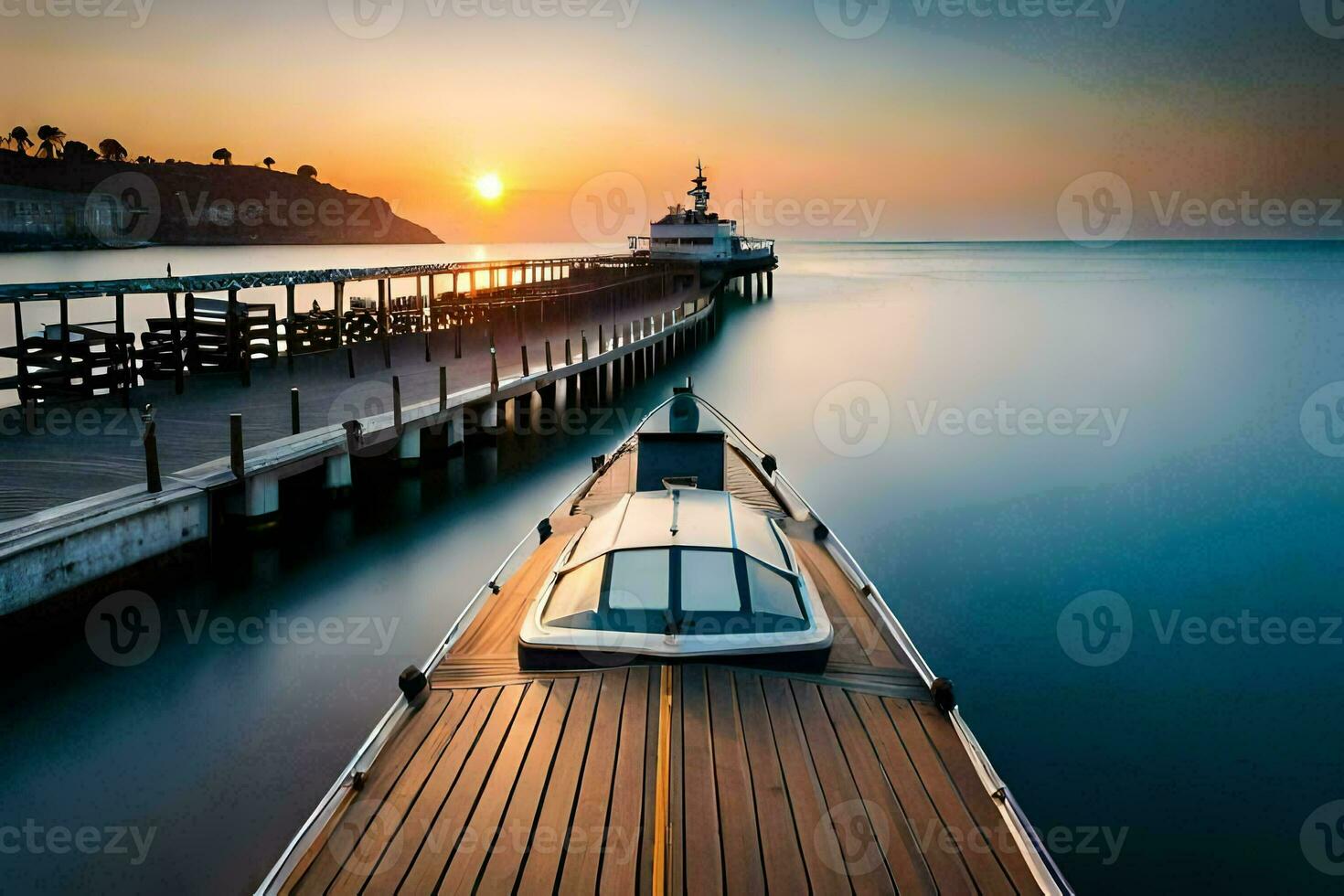 a boat docked at the pier at sunset. AI-Generated photo
