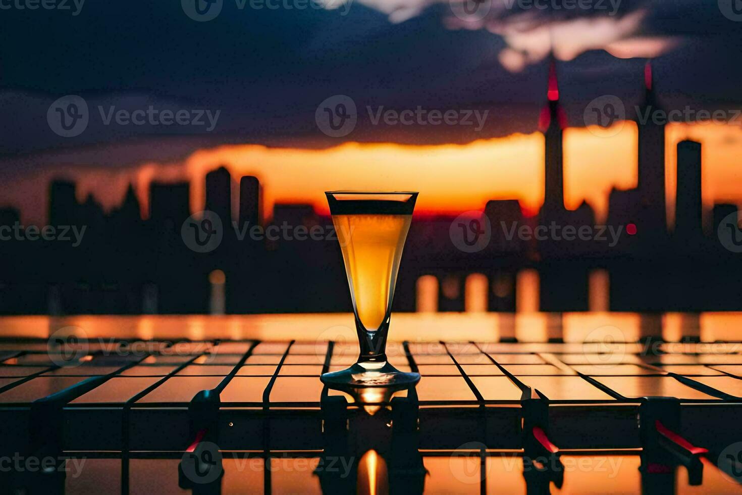 a glass of beer on a table in front of a city skyline. AI-Generated photo