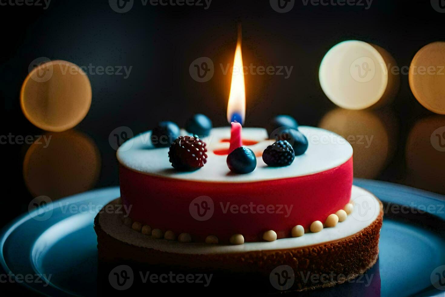a birthday cake with a lit candle. AI-Generated photo