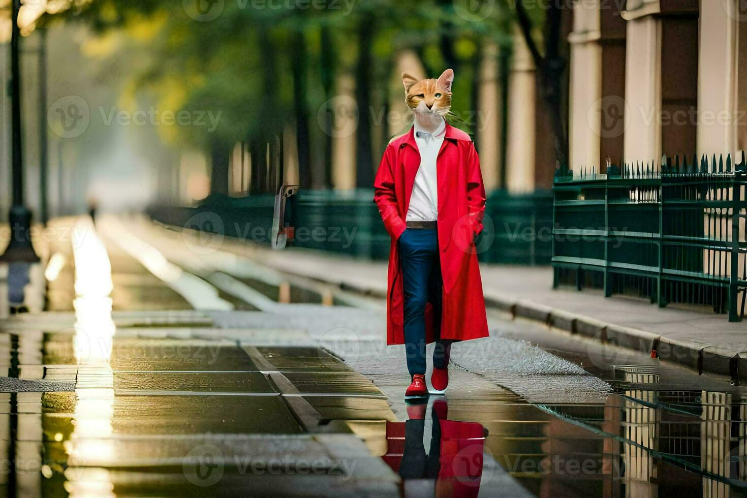 a fox wearing a red coat walking down a street. AI-Generated photo