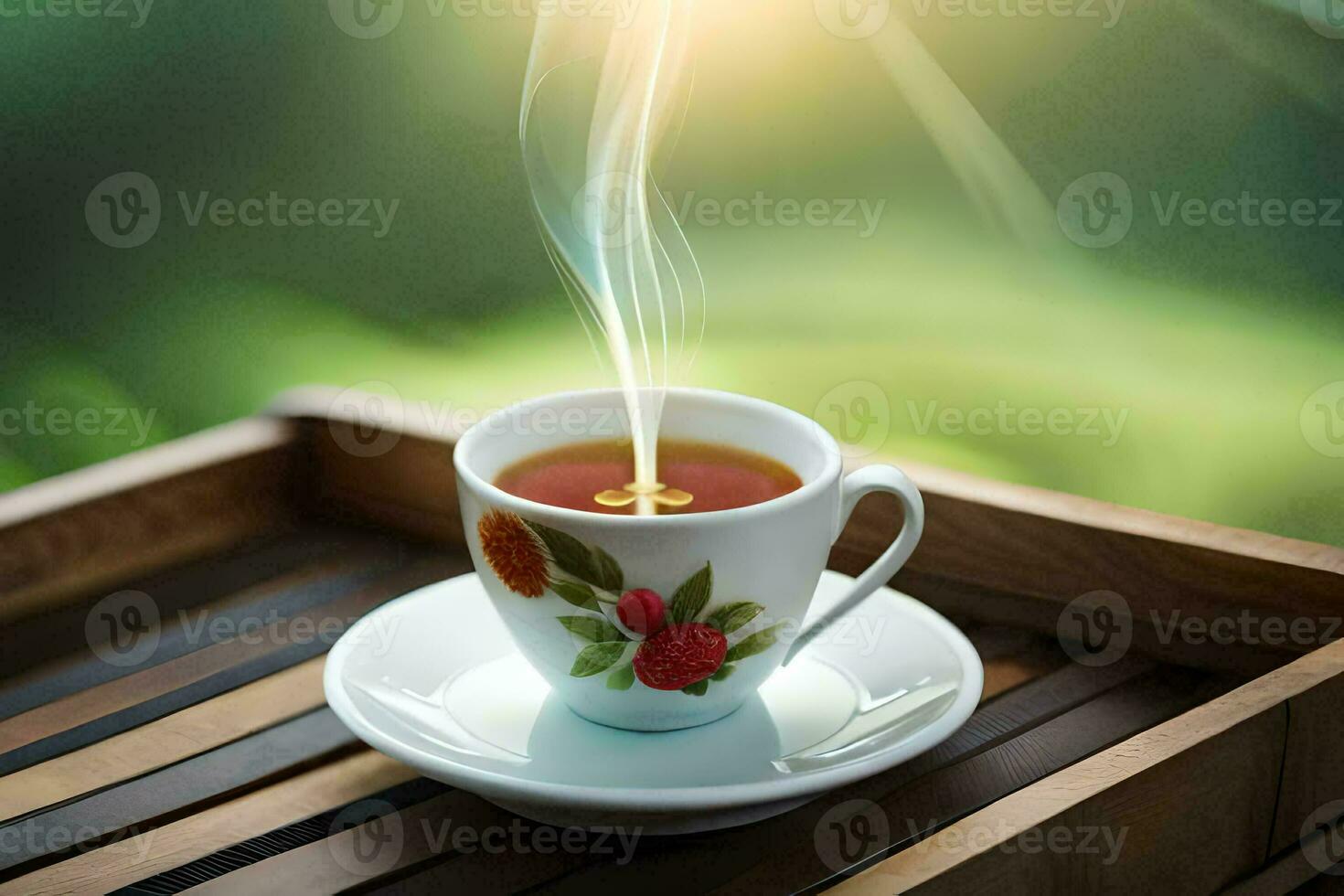 a cup of tea on a wooden tray. AI-Generated photo