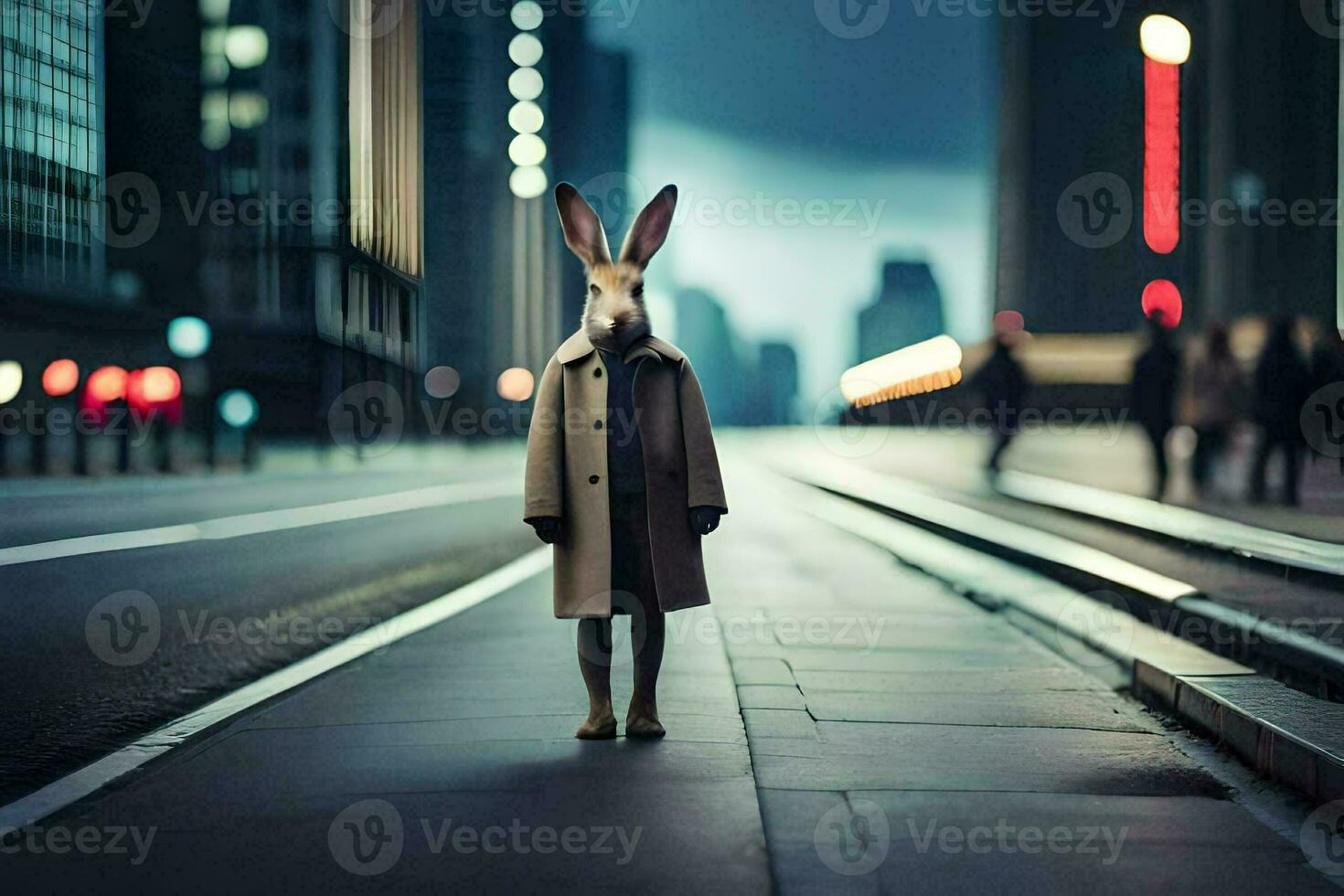 a rabbit wearing a coat and standing in the middle of a city street. AI-Generated photo
