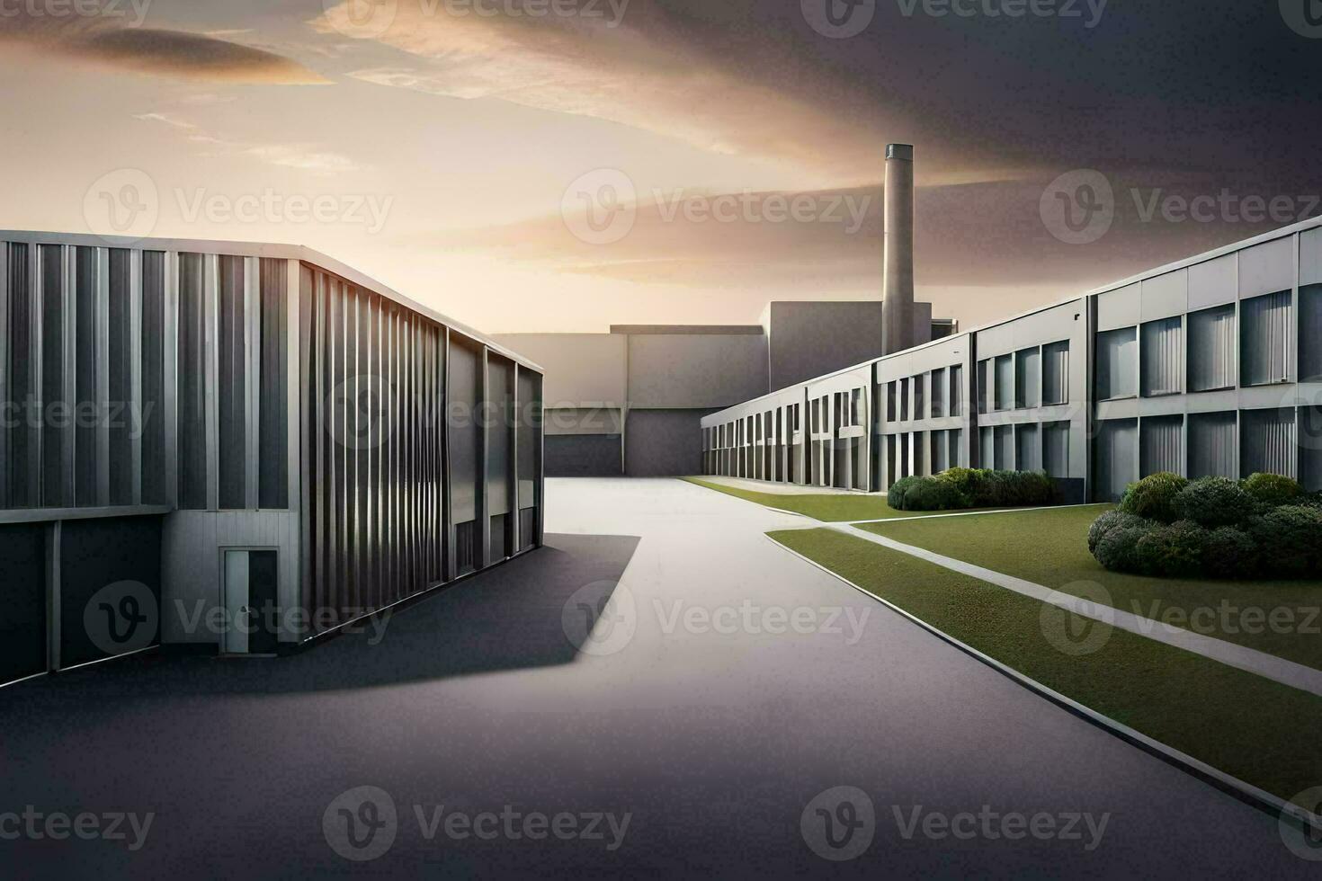 a factory building with a large factory in the background. AI-Generated photo