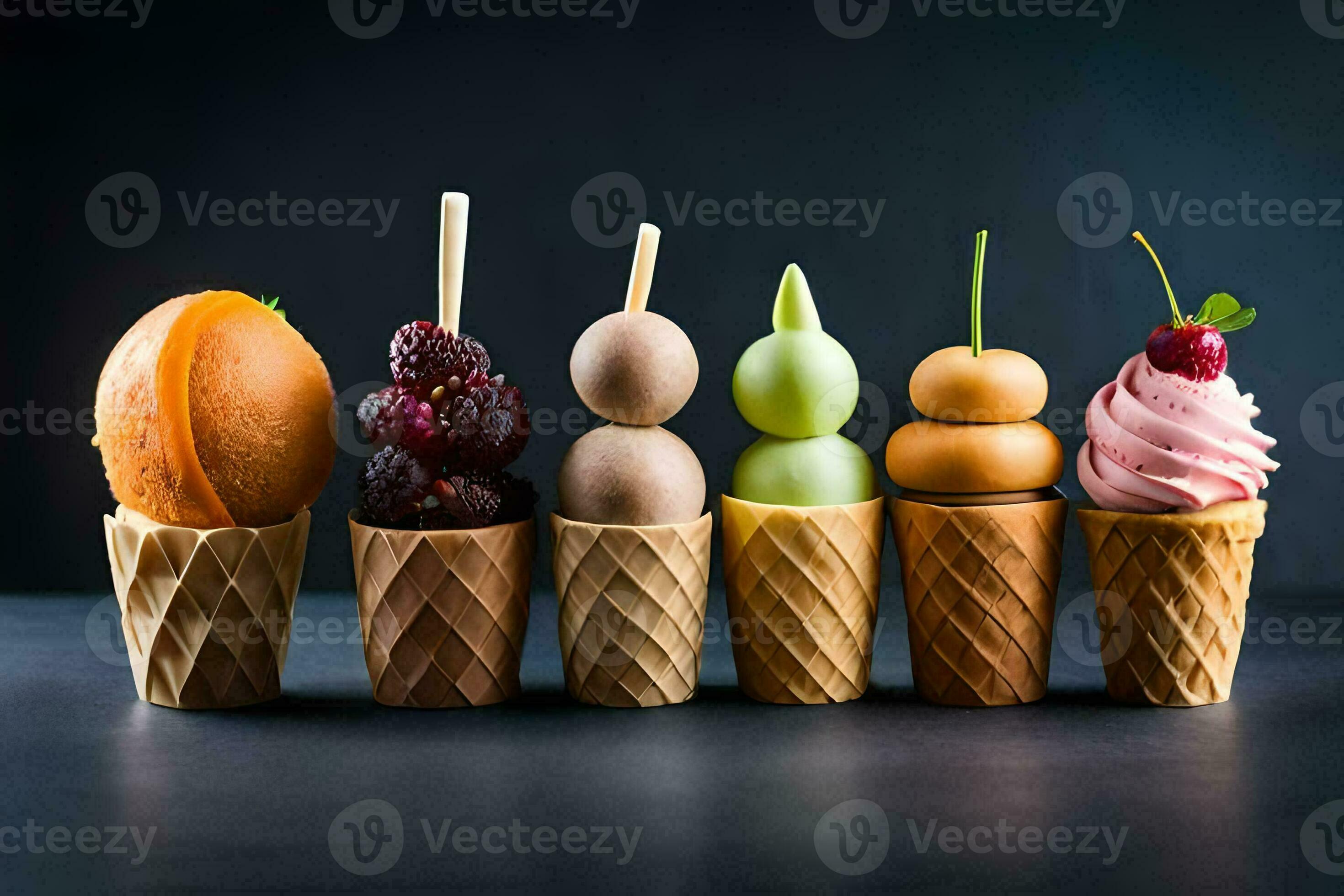 a row of ice cream cones with different types of desserts. AI-Generated