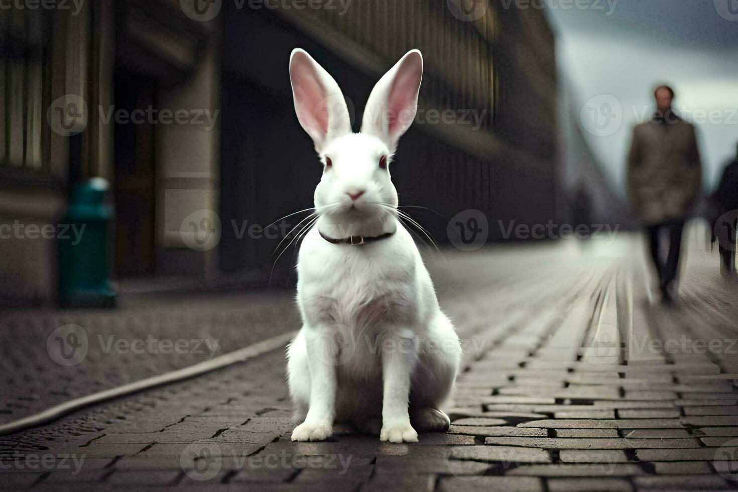 a white rabbit sitting on the ground in a city. AI-Generated photo