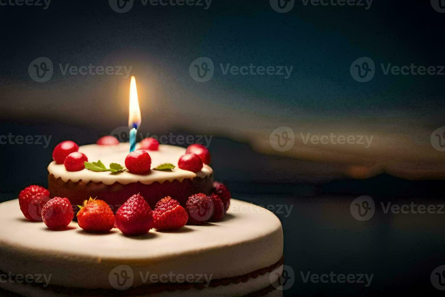 a birthday cake with a single candle. AI-Generated photo
