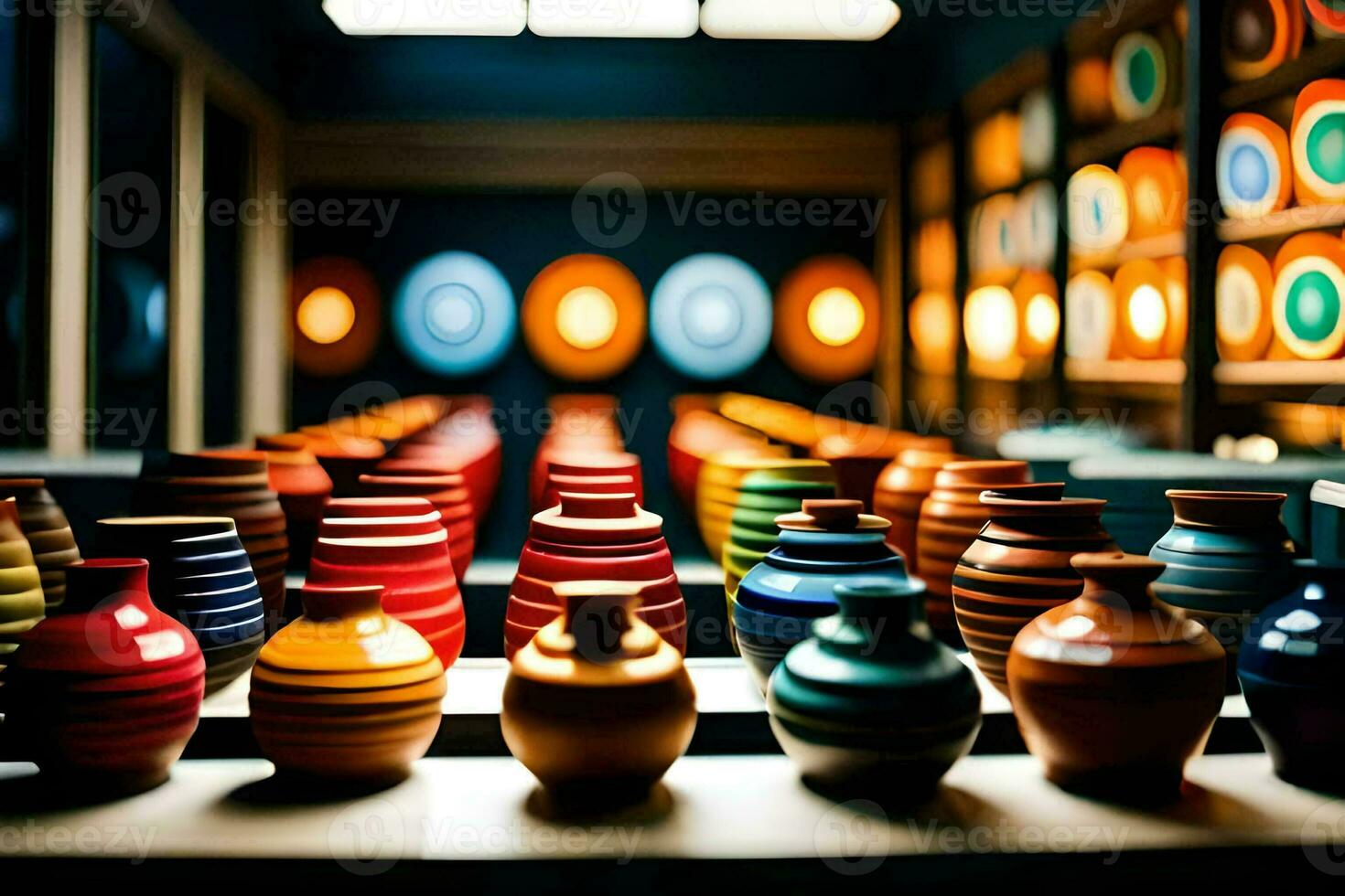 colorful vases are lined up in a room. AI-Generated photo