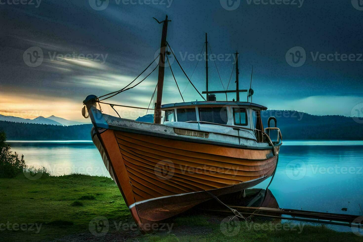 a boat sits on the shore of a lake at sunset. AI-Generated photo