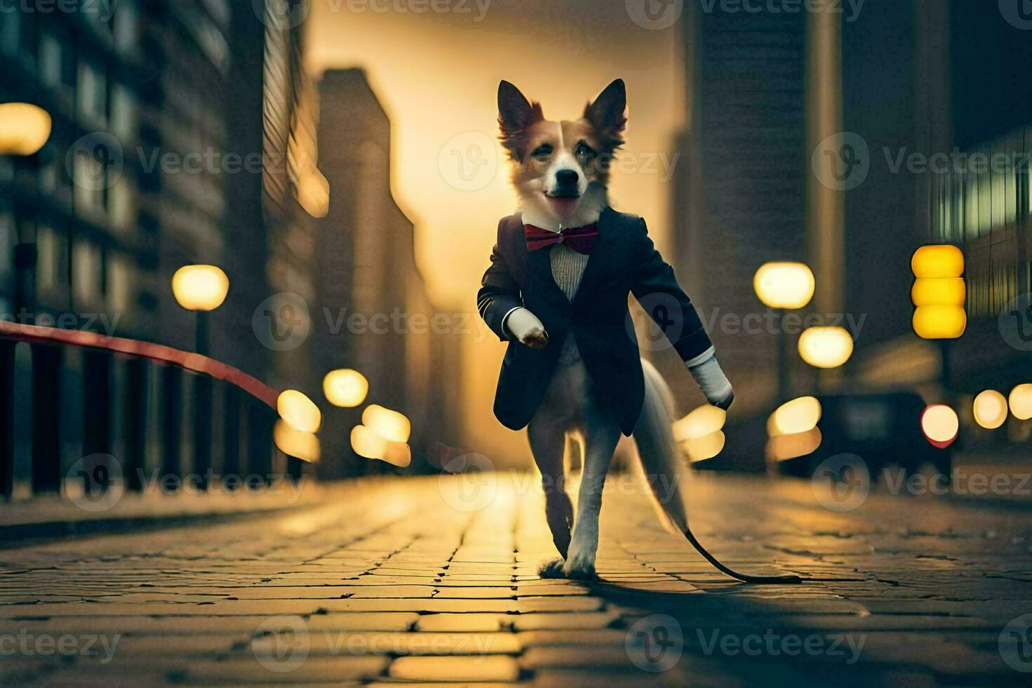un perro vestido en un traje y Corbata caminando abajo un calle. generado por ai foto