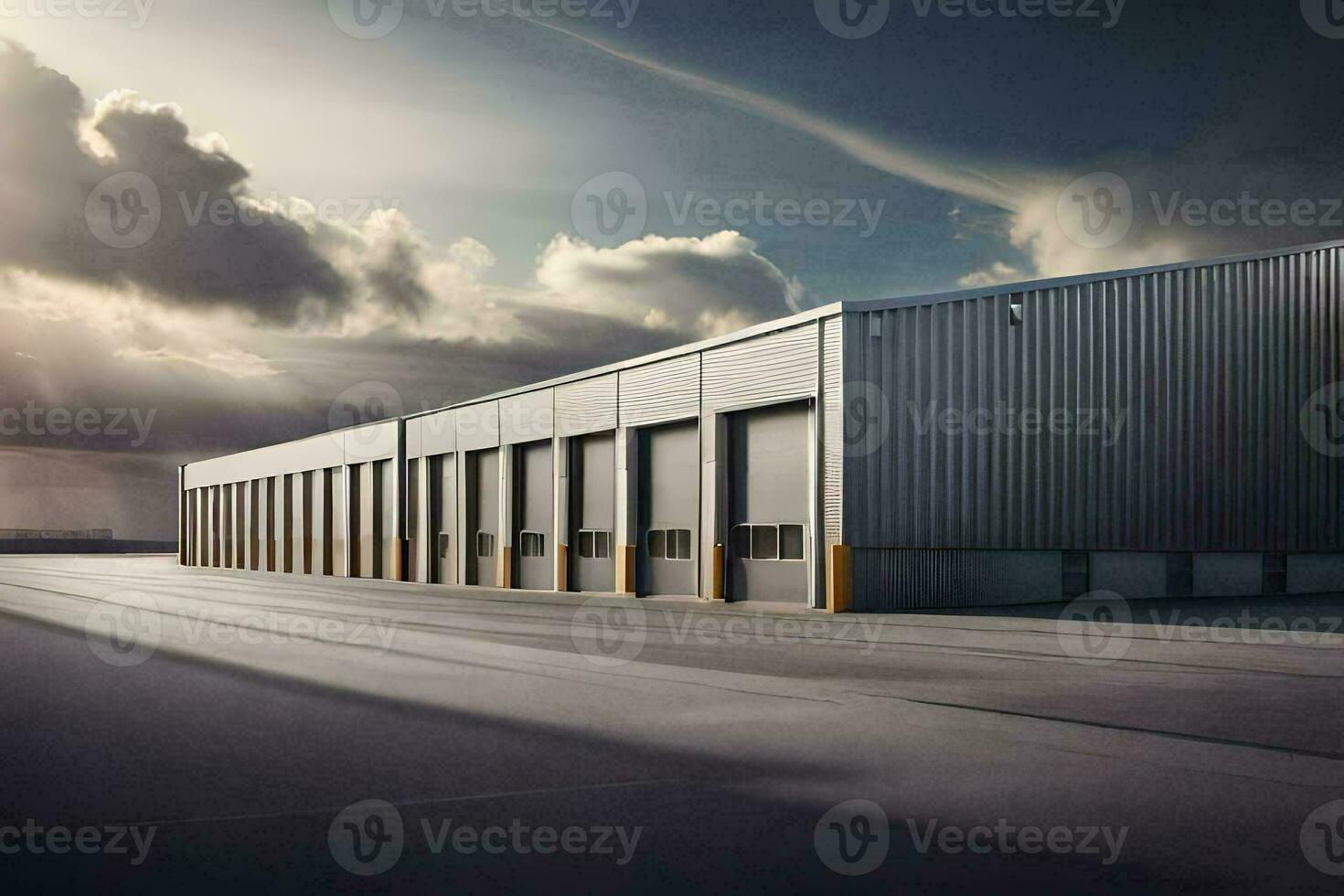 a large industrial building with a cloudy sky. AI-Generated photo