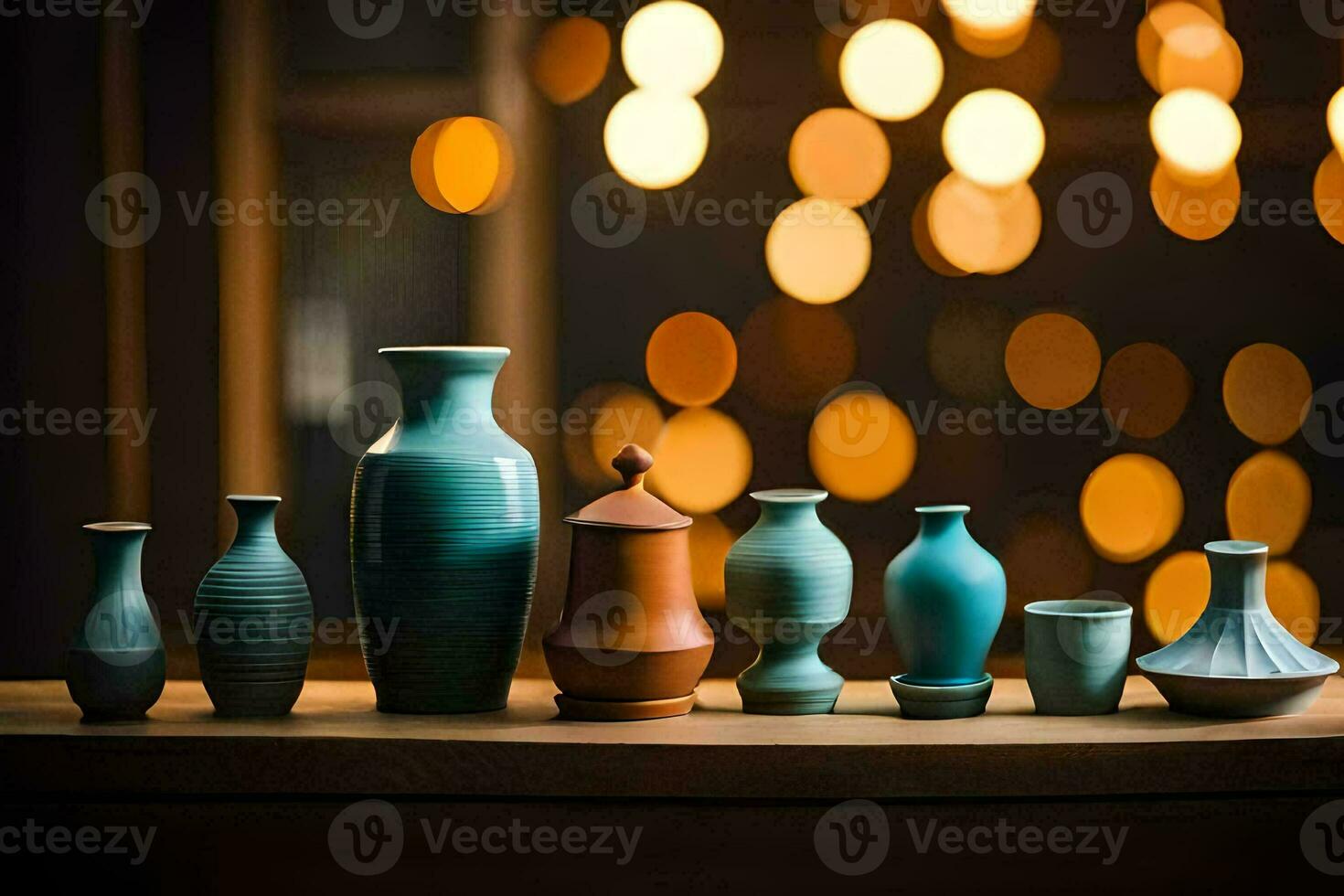 a row of vases on a wooden shelf. AI-Generated photo