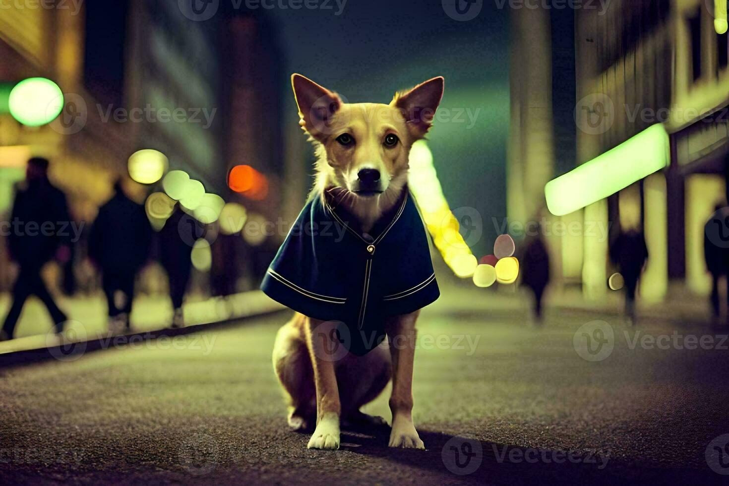 a dog wearing a jacket sits on the street at night. AI-Generated photo