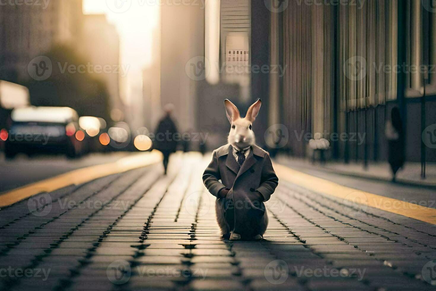 un Conejo en un traje y Corbata sentado en el calle. generado por ai foto