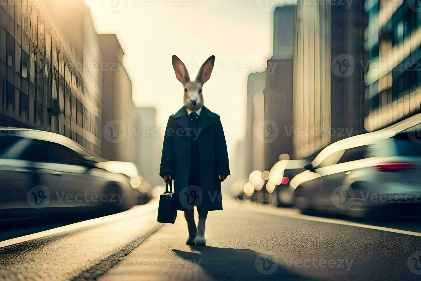 a rabbit wearing a suit and tie is walking down the street. AI-Generated photo