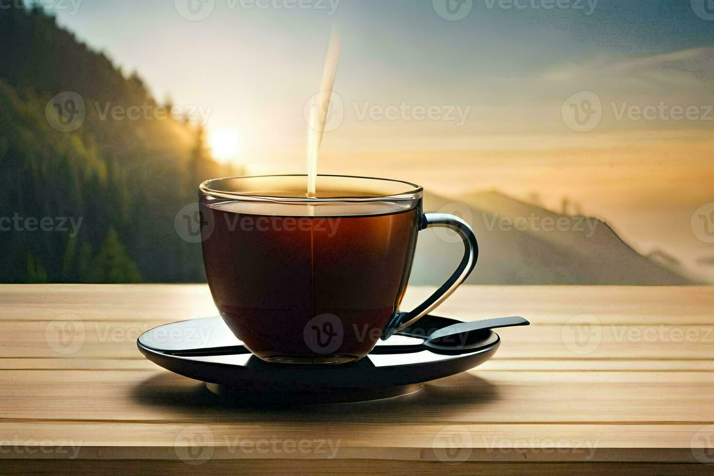 a cup of coffee on a wooden table. AI-Generated photo