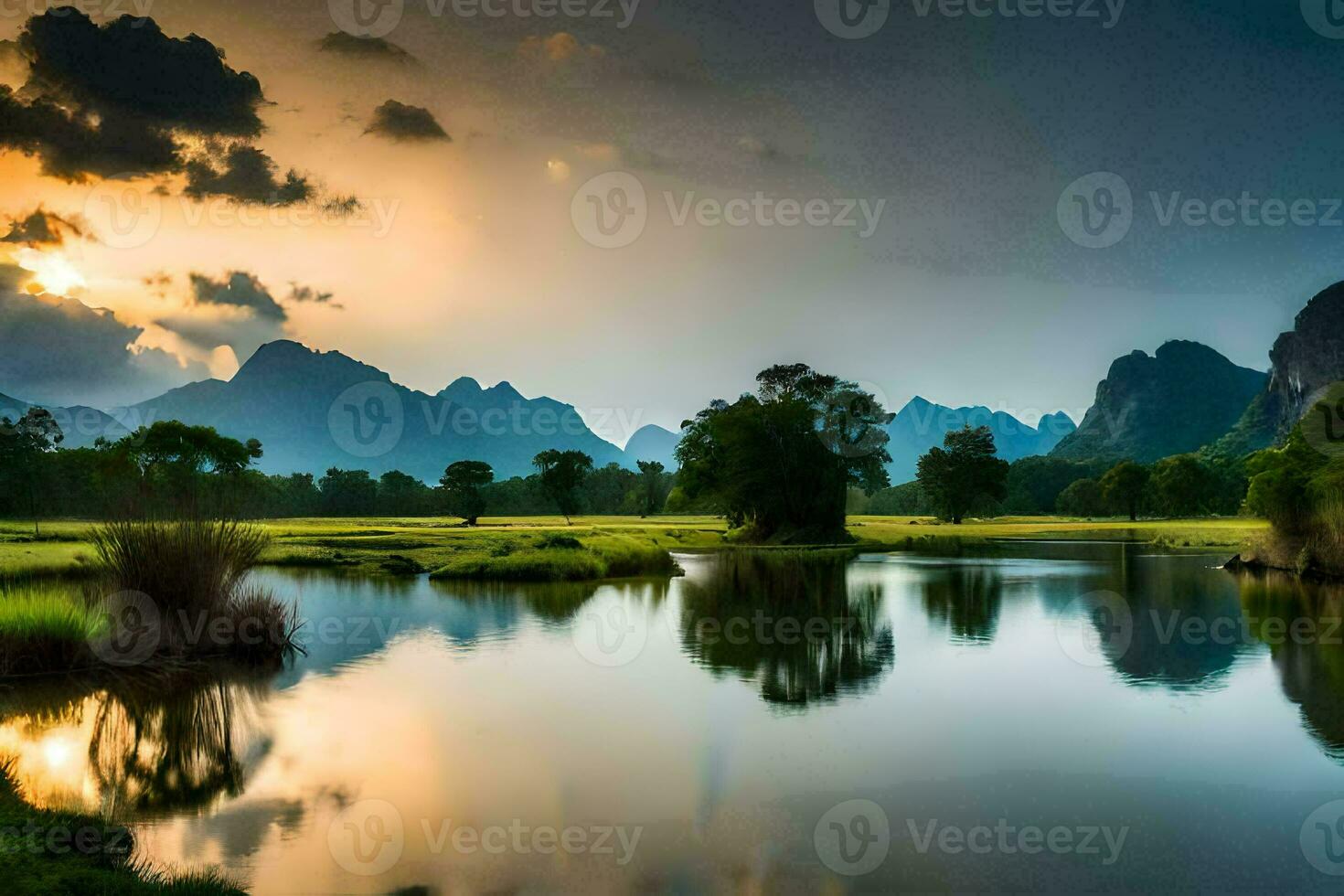 the sun sets over a river and mountains. AI-Generated photo