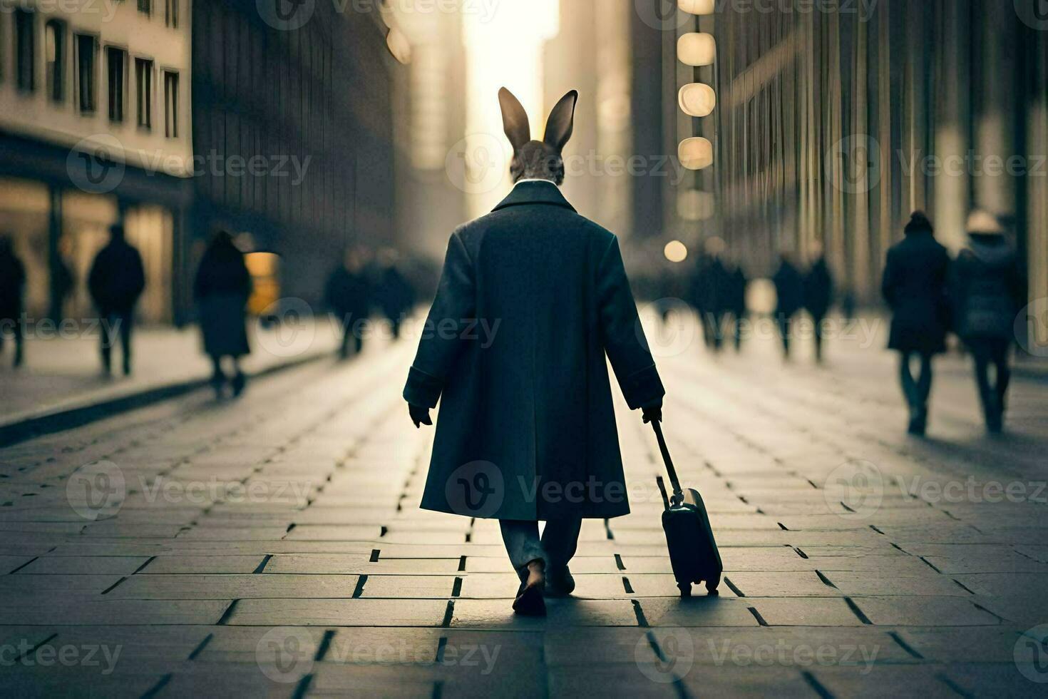 a rabbit wearing a coat and carrying a suitcase walks down a city street. AI-Generated photo