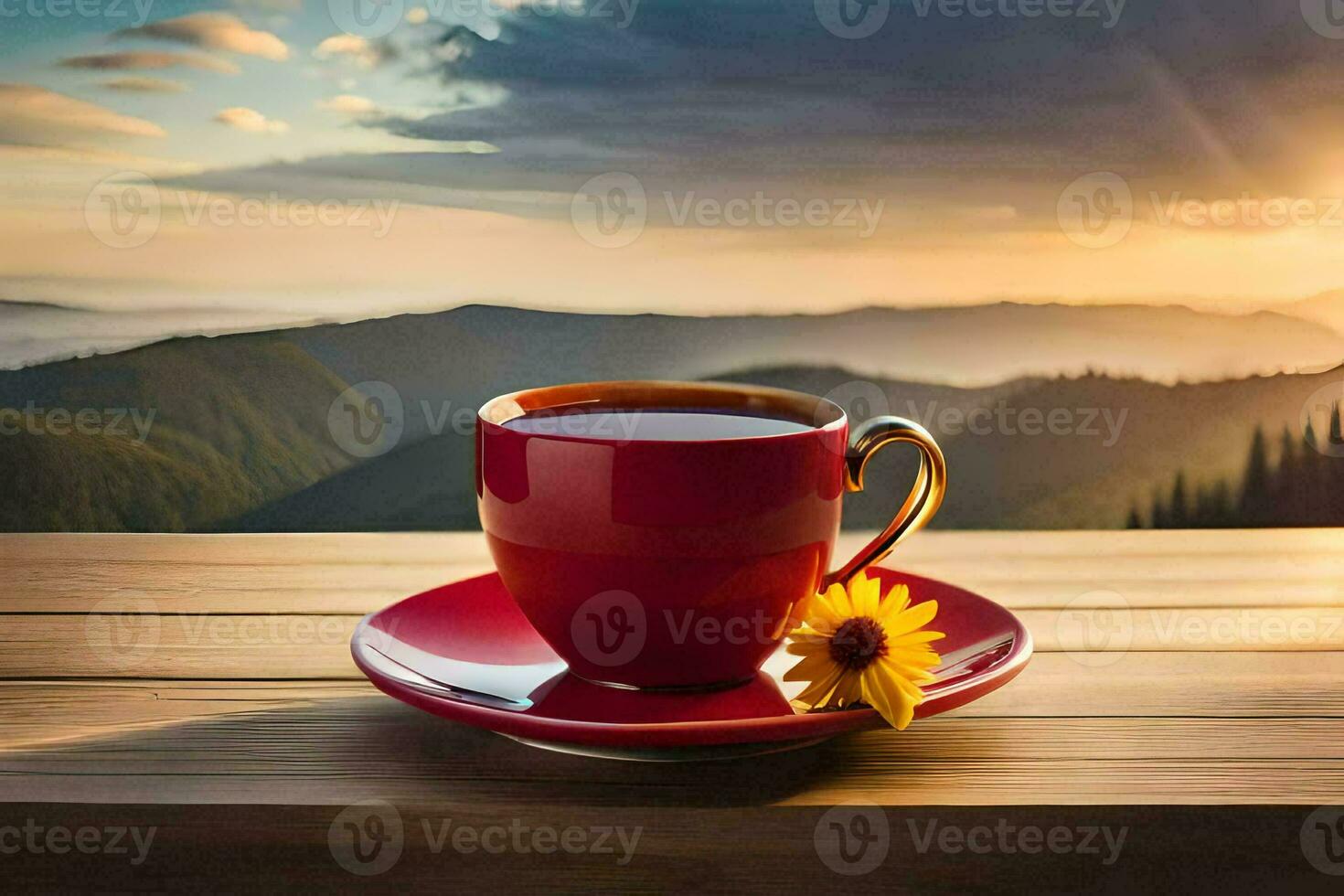 a cup of coffee on a wooden table with a sunflower in the foreground. AI-Generated photo