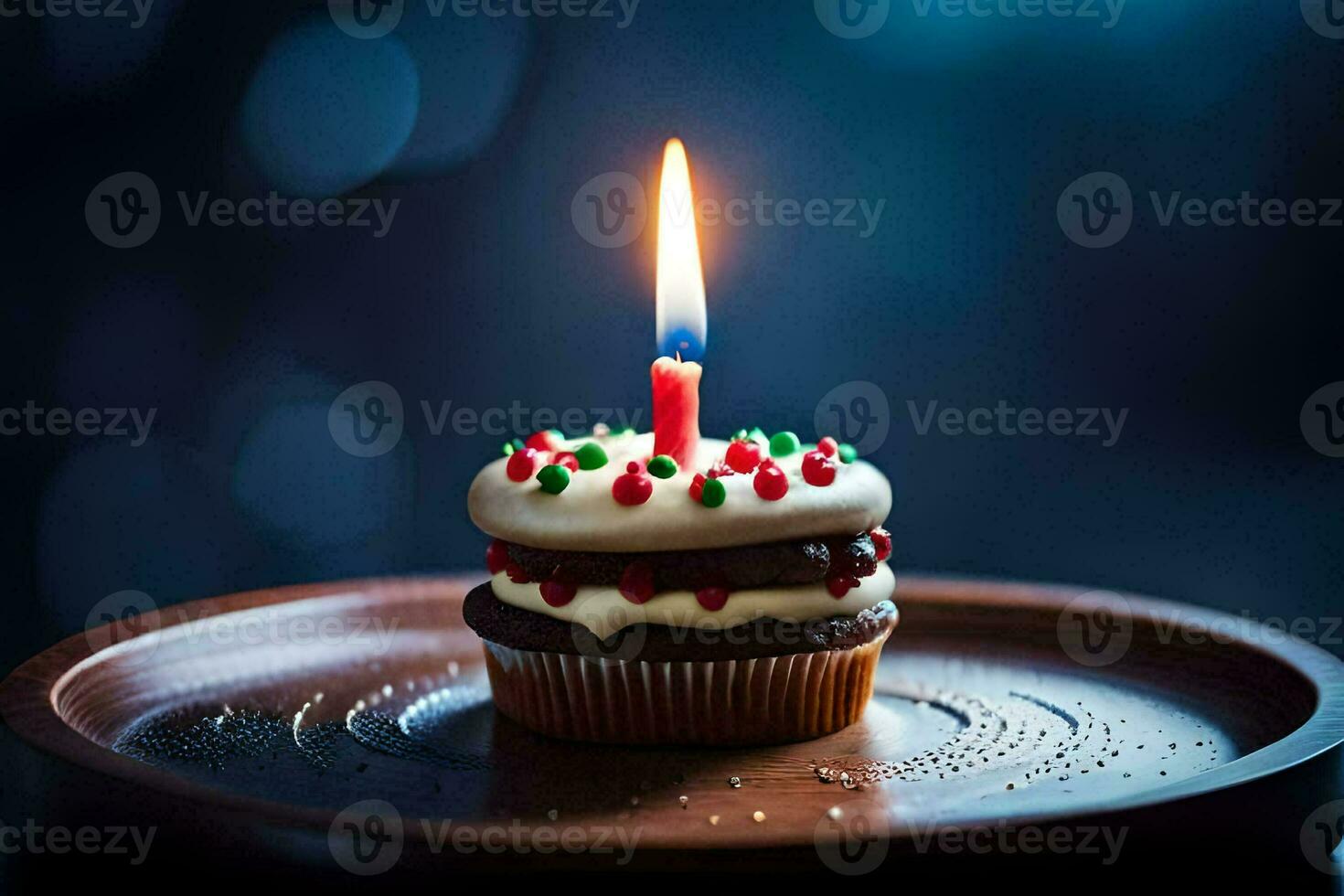 a cupcake with a lit candle on top. AI-Generated photo