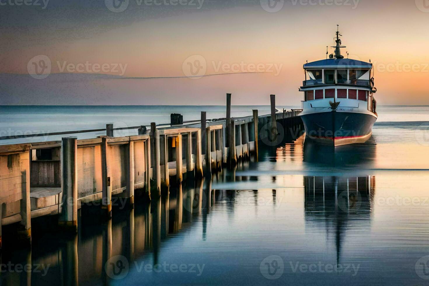 a boat docked at the pier at sunset. AI-Generated photo