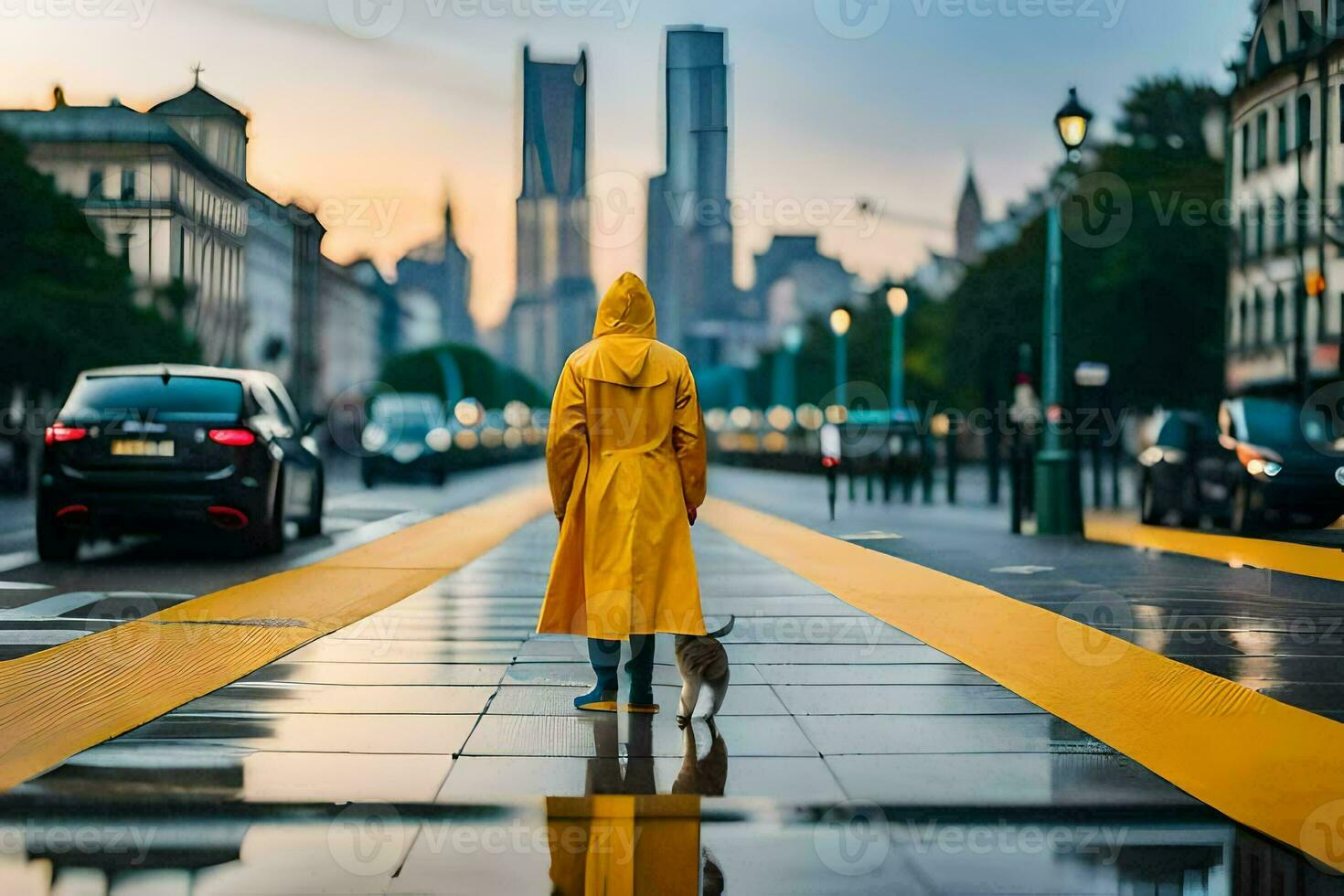 a person in a yellow raincoat and dog on a wet street. AI-Generated photo