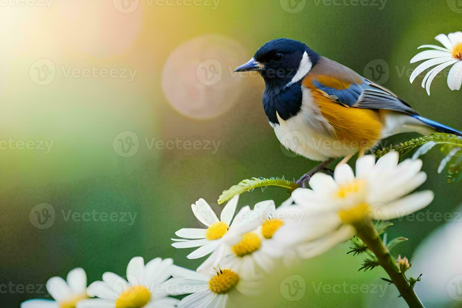 a bird is sitting on top of some flowers. AI-Generated photo