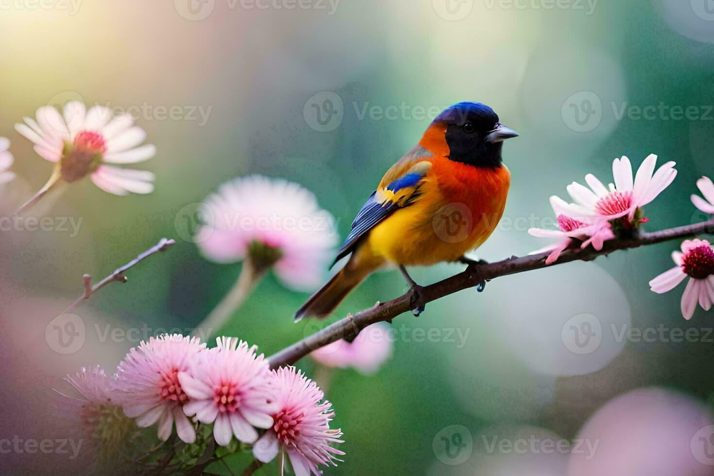 a colorful bird sits on a branch with pink flowers. AI-Generated photo