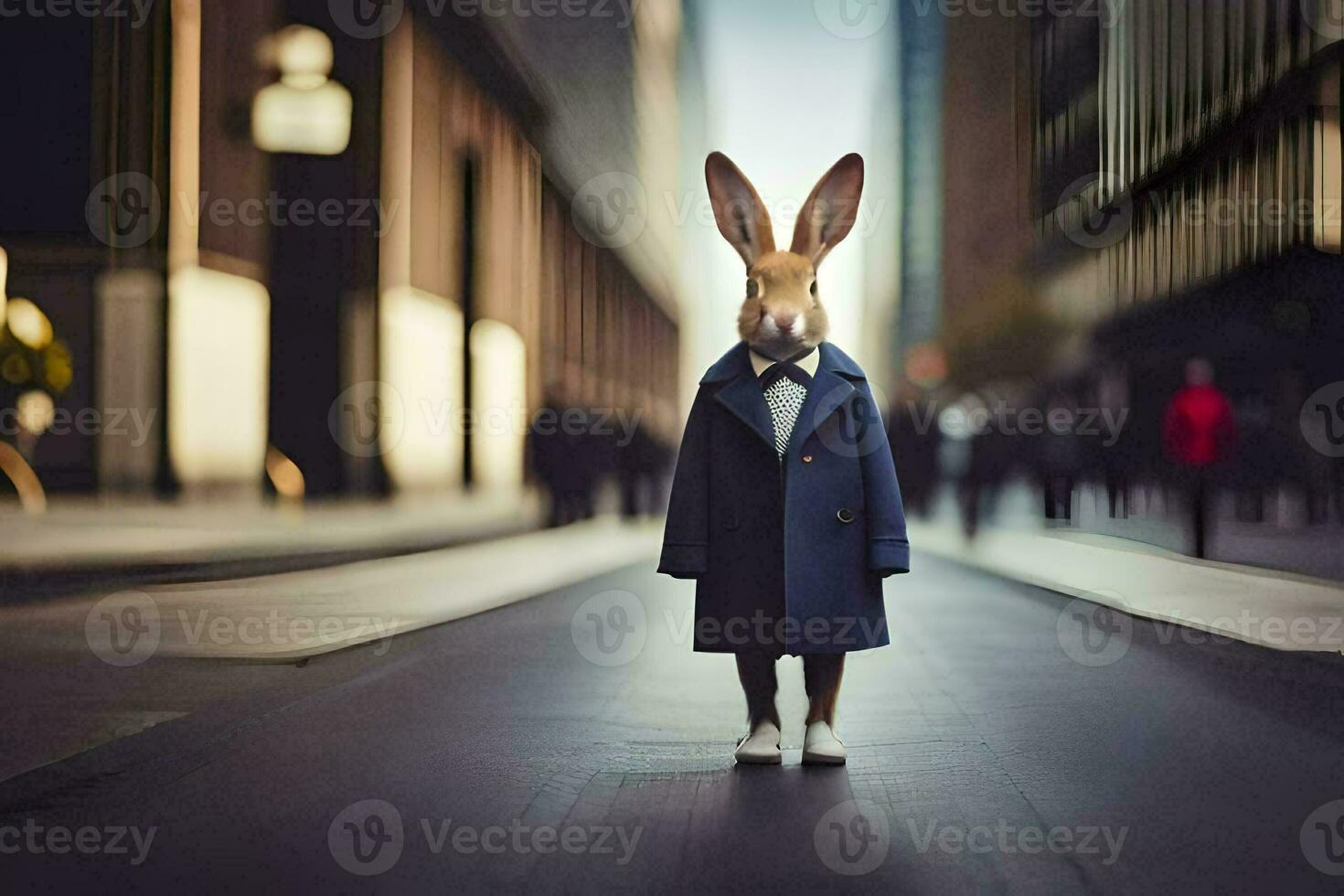 a rabbit wearing a suit and tie standing on a street. AI-Generated photo