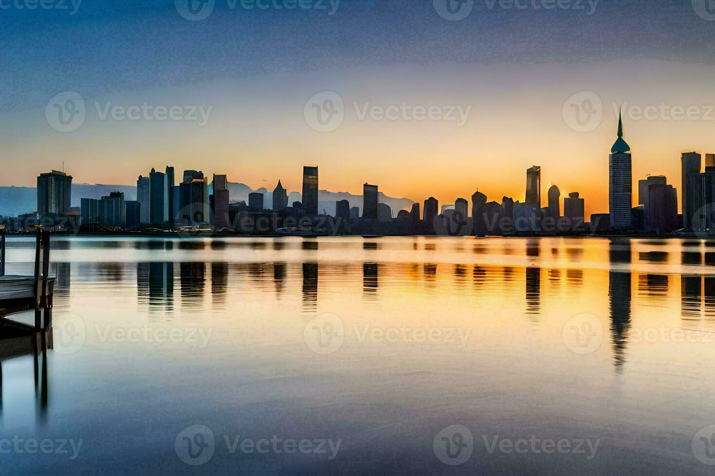 el ciudad horizonte es reflejado en el agua a puesta de sol. generado por ai foto