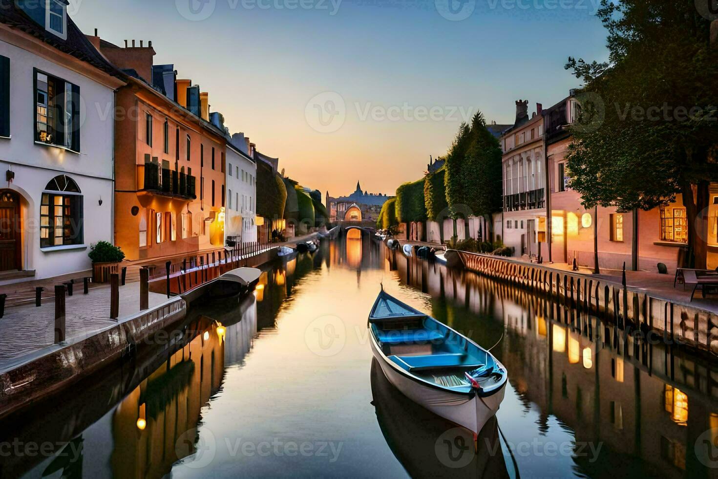 a boat is sitting on a canal at sunset. AI-Generated photo