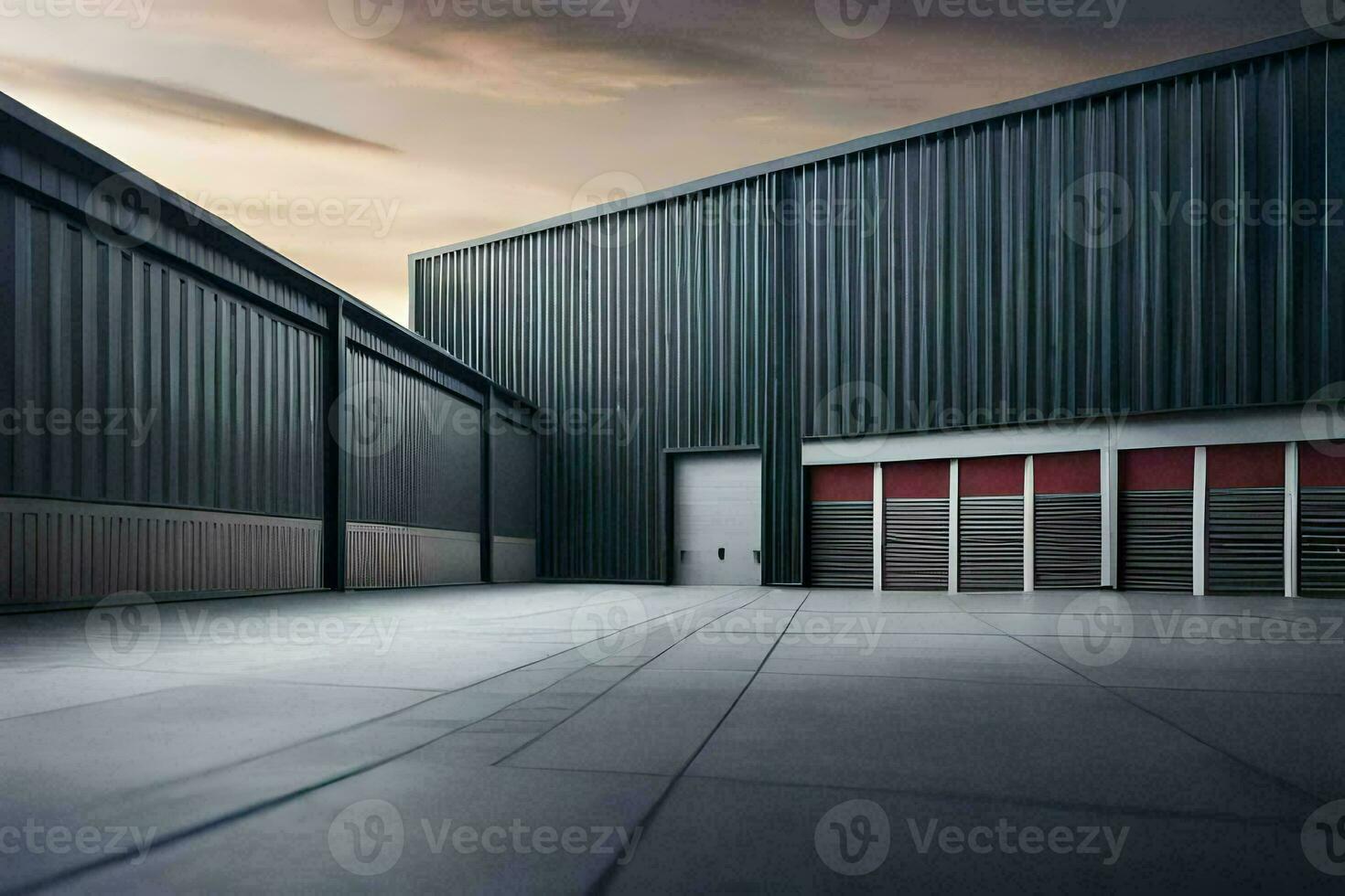 a large warehouse with two doors and a sky background. AI-Generated photo