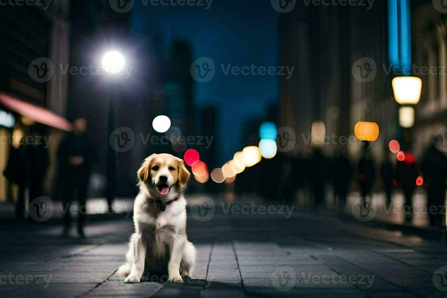 a dog sitting on the street at night. AI-Generated photo