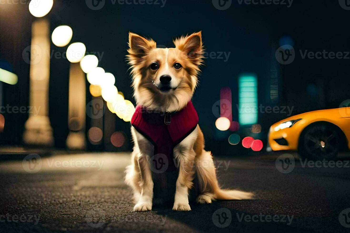 a dog wearing a red vest sitting on the street at night. AI-Generated photo