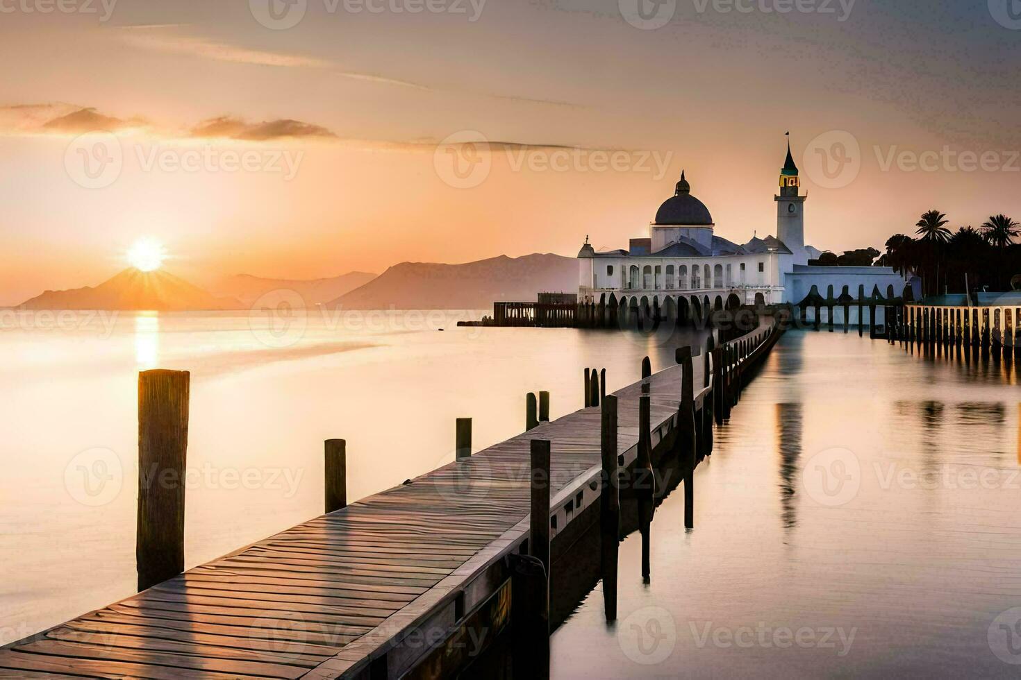 the sun sets over a mosque and pier. AI-Generated photo