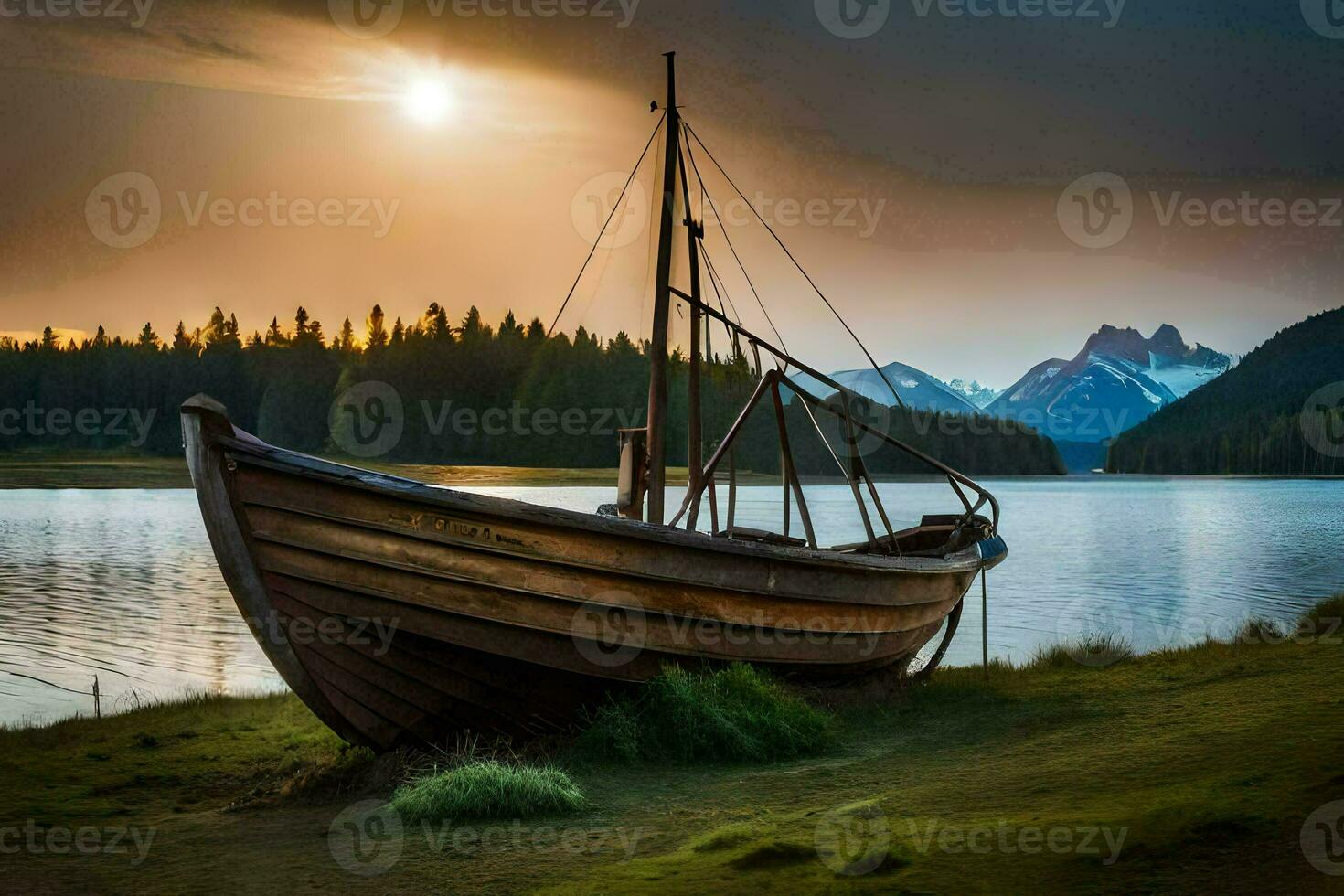 a boat sits on the shore of a lake at sunset. AI-Generated photo