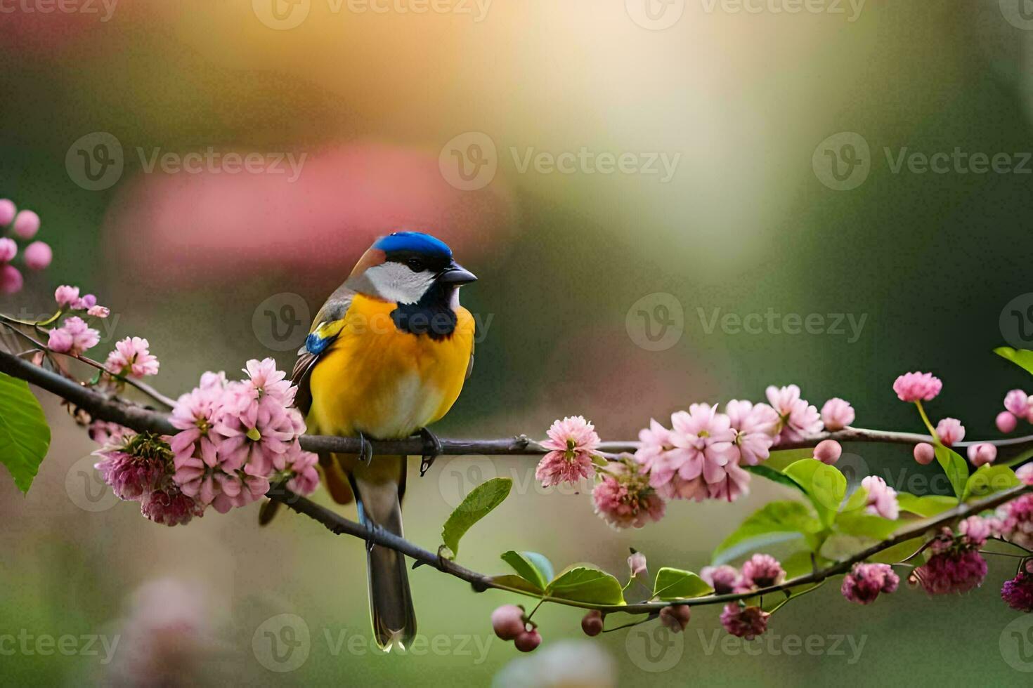 photo wallpaper the sun, bird, flowers, spring, the tree, the bird, the tree. AI-Generated