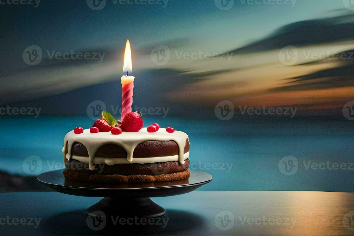 a birthday cake with a single candle on top. AI-Generated photo