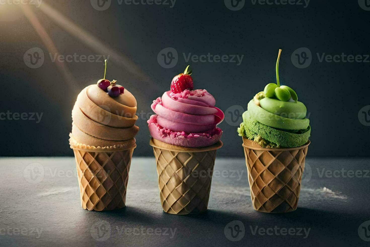 three ice cream cones with different flavors. AI-Generated photo