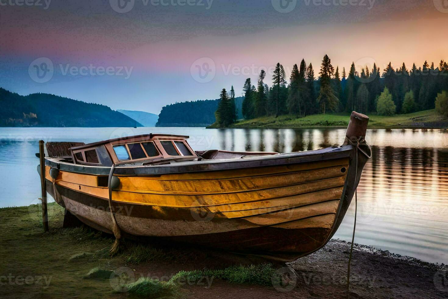 a boat sits on the shore of a lake at sunset. AI-Generated photo