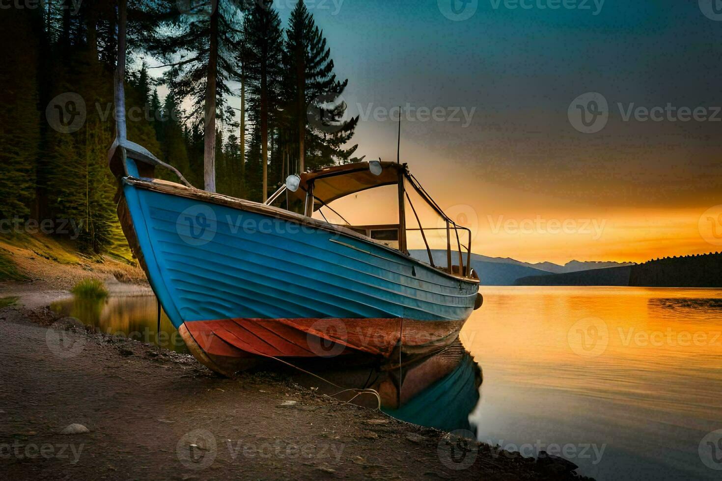 a boat sits on the shore of a lake at sunset. AI-Generated photo