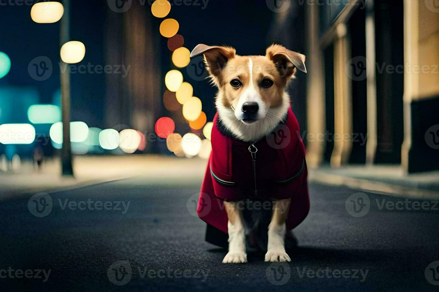 a dog wearing a red coat on the street at night. AI-Generated photo