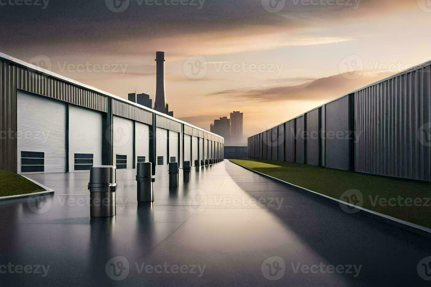 a long row of industrial buildings with a sunset in the background. AI-Generated photo