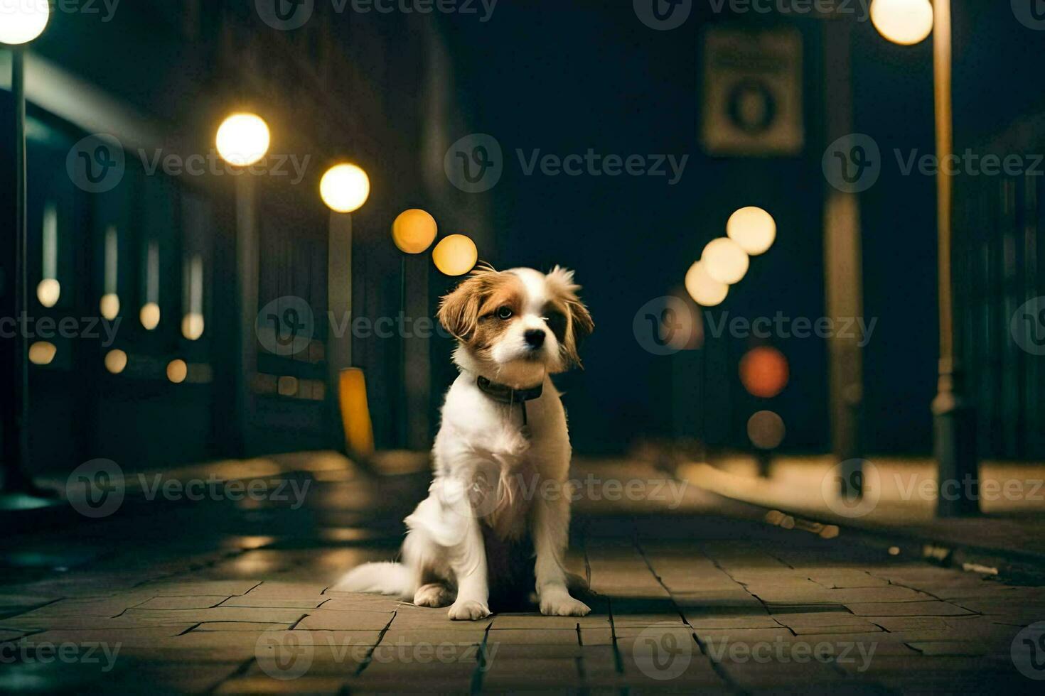 a dog sitting on the street at night. AI-Generated photo